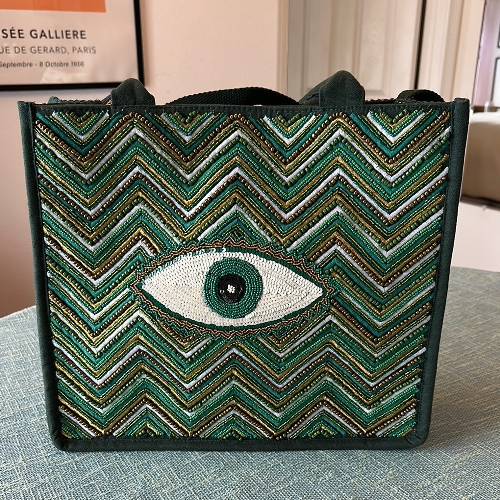 Green Beaded Evil Eye Tote Bag